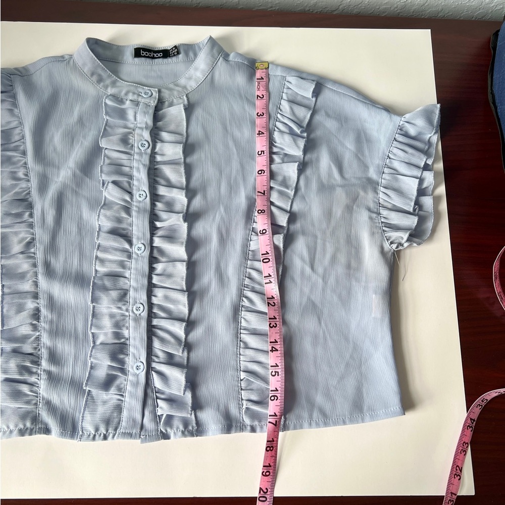 Light Blue Ruffled Button-Up Blouse - Picture 5 of 12